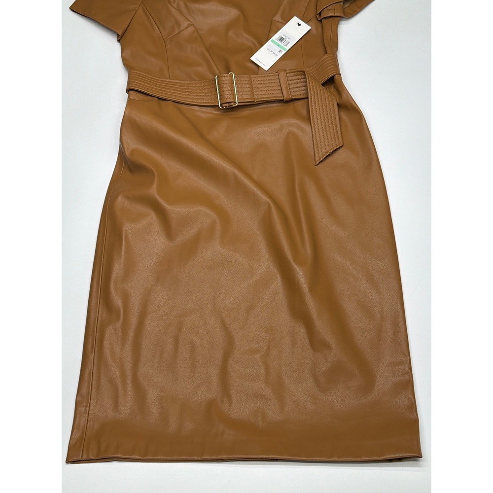 Calvin Klein Womens Faux Leather Belted Sheath‎ Dress Cognac Brown Size 8 - Picture 2 of 13